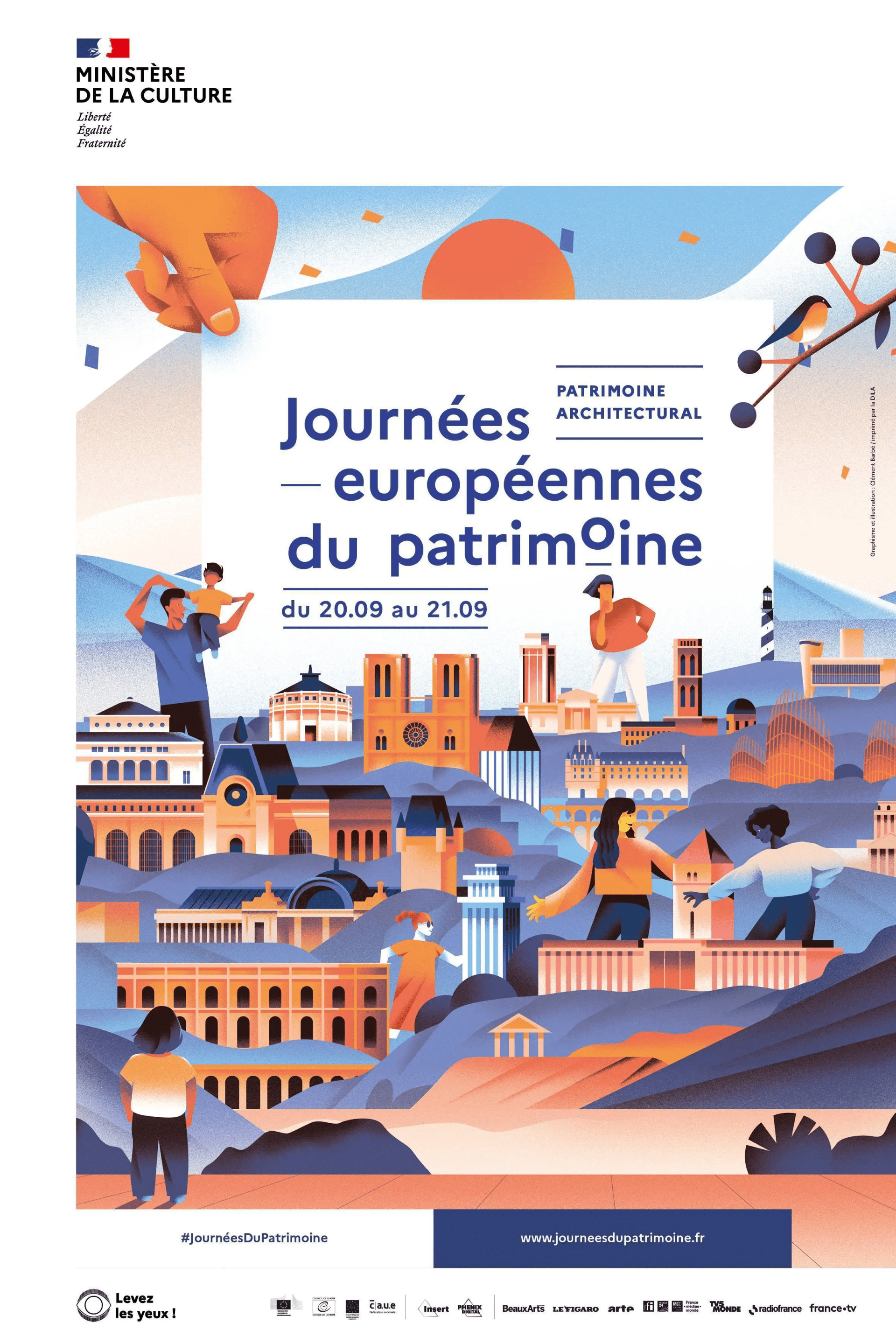 Affiche officielle de l'édition 2025 des Journées européennes du Patrimoine sur la thématique du Patrimoine architectural.