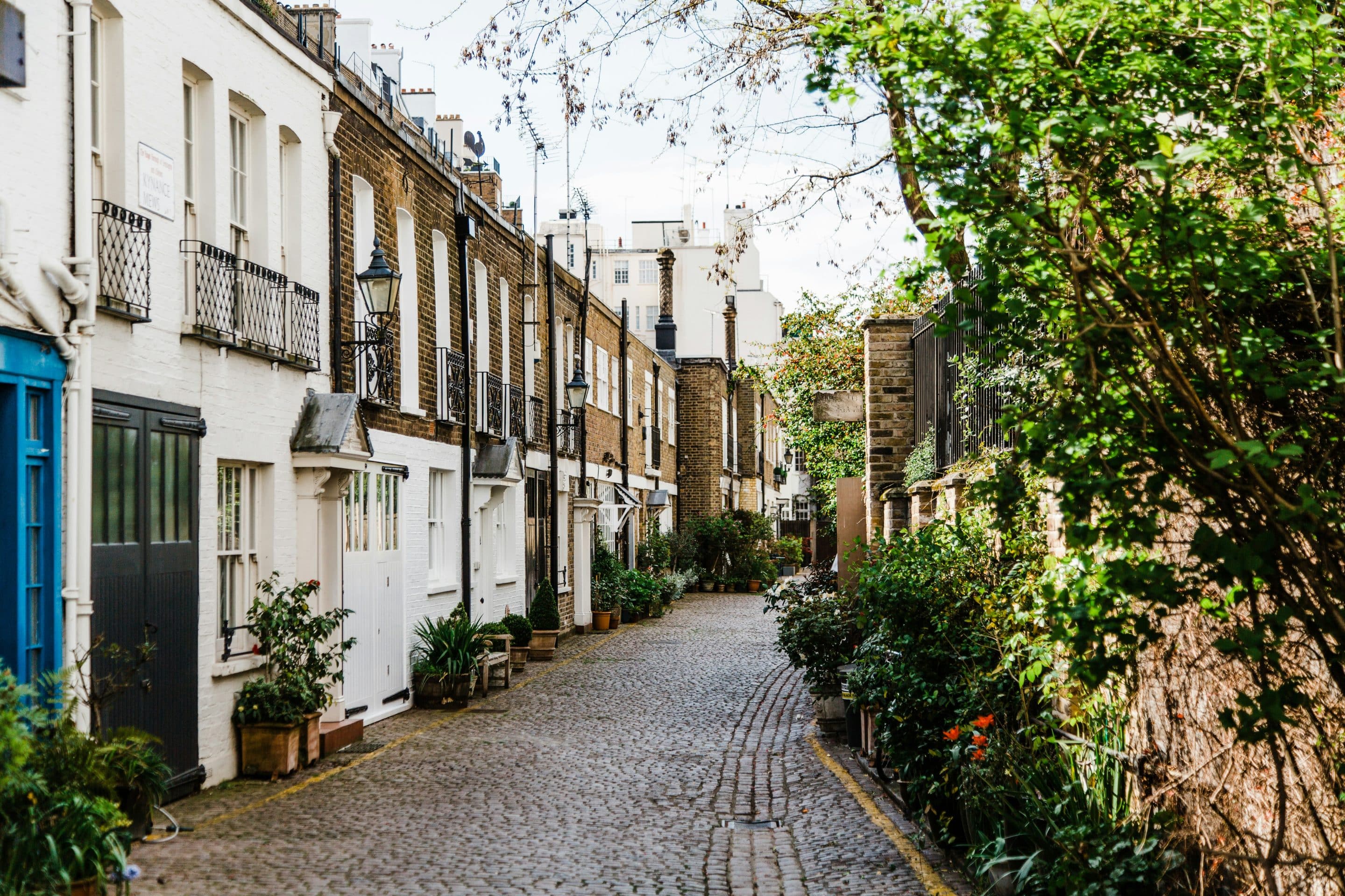 Rue pavée typiquement londonienne avec petites maisons en briques et végétation.